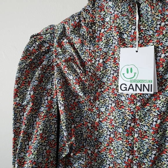 Ganni Puff Sleeve Floral Print Dress Sz 42 Cotton NWT - Picture 5 of 8